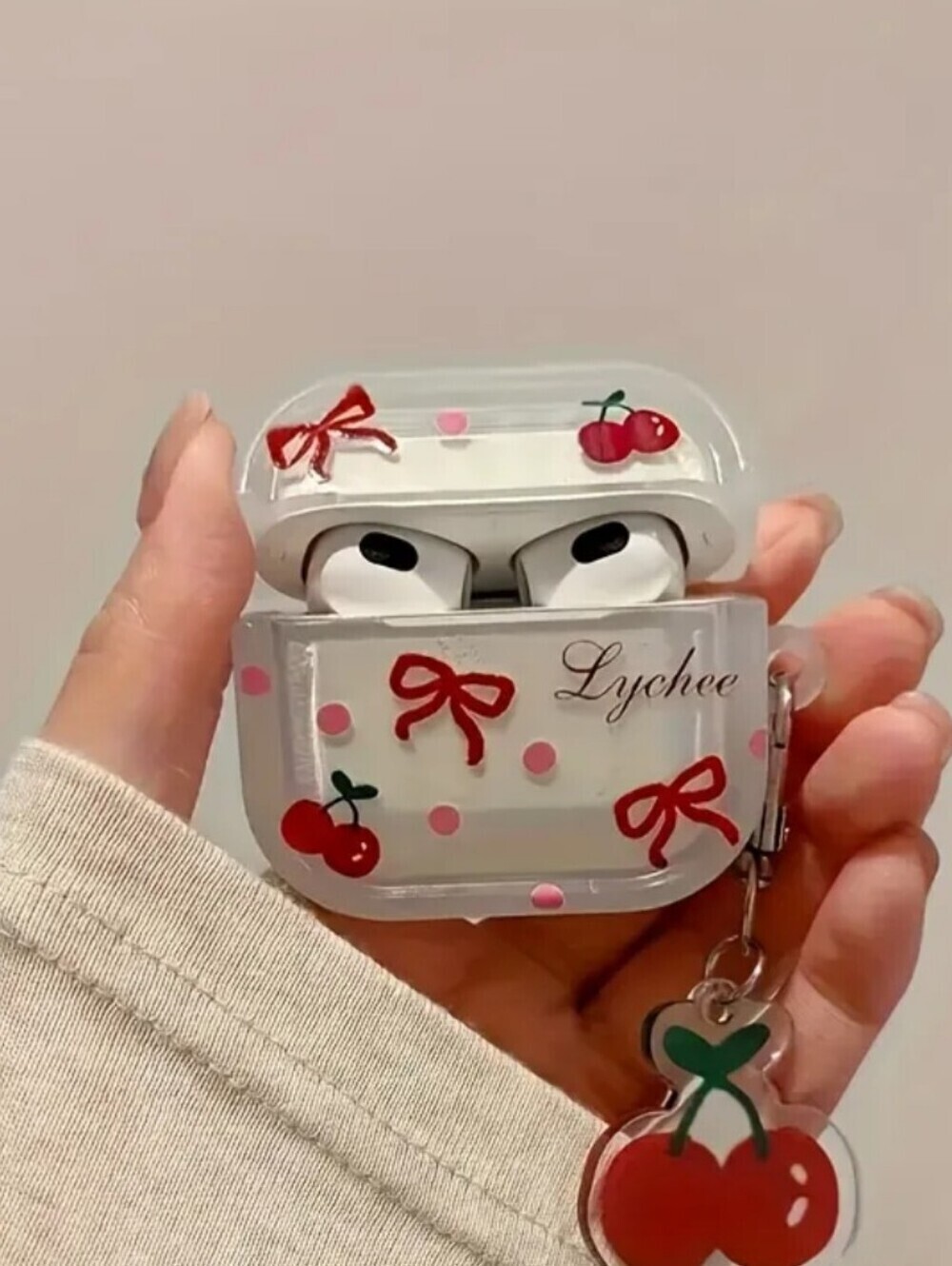 AIRPOD 3 White Cherry Print AirPods Case Cover with Keychain